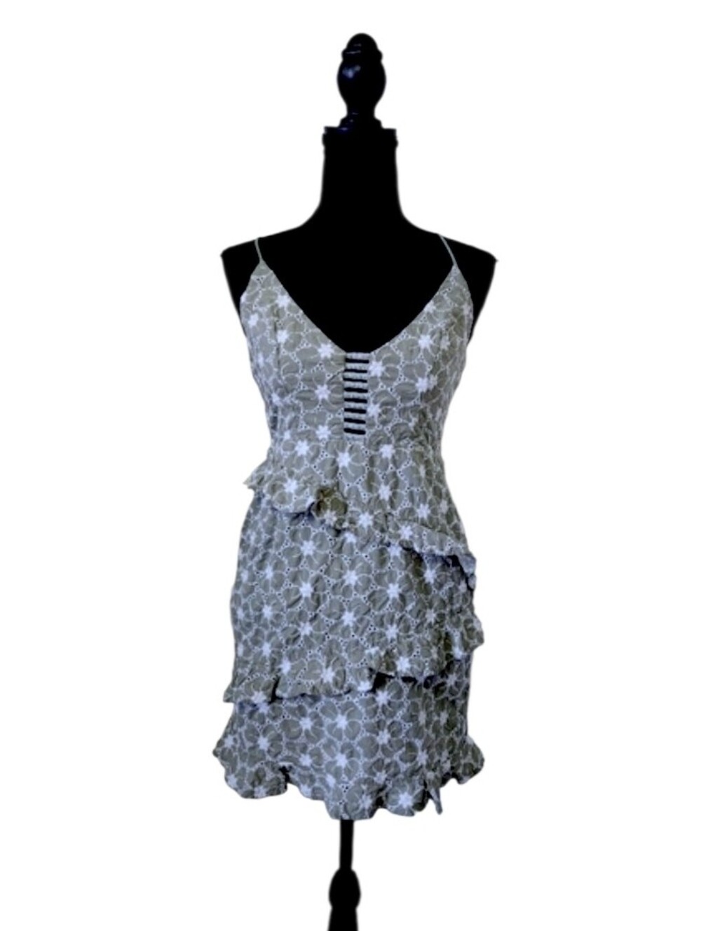 Saints & Secrets Floral Lace Tiered Mini Dress in Sage Green